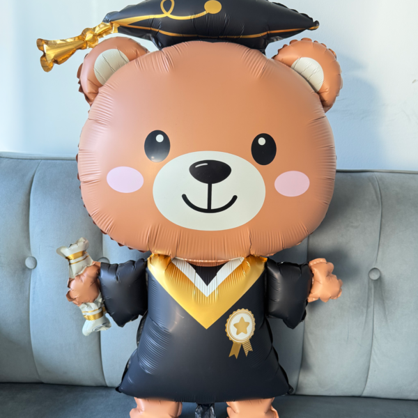 Graduation bear balloon bouquet with black stars and ivory heart