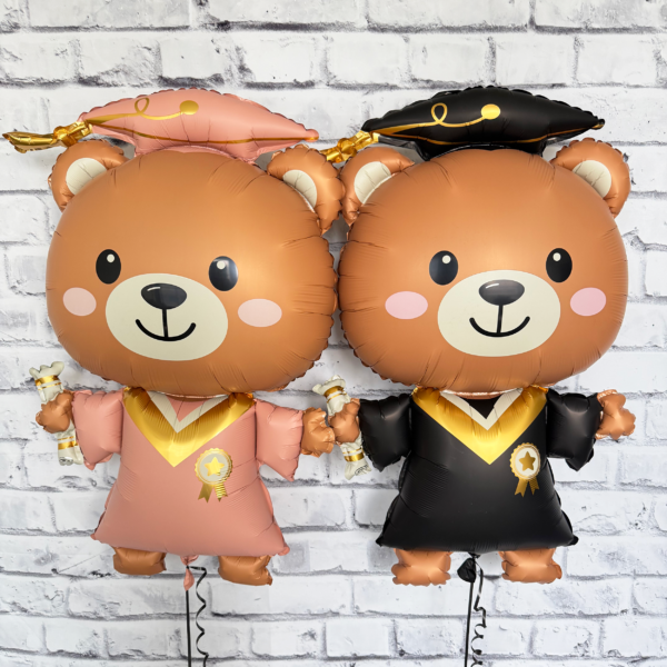 Graduation bear balloon bouquet with black stars and ivory heart