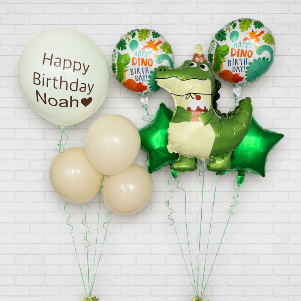 Personalized dinosaur balloon bouquet with custom name