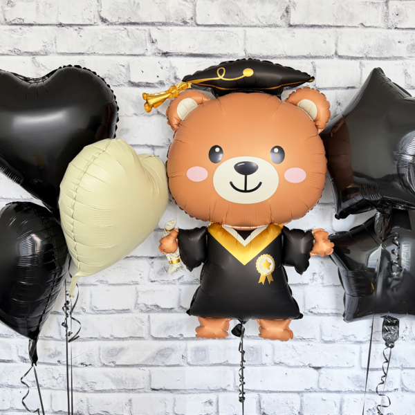 Graduation bear balloon bouquet with black stars and ivory heart