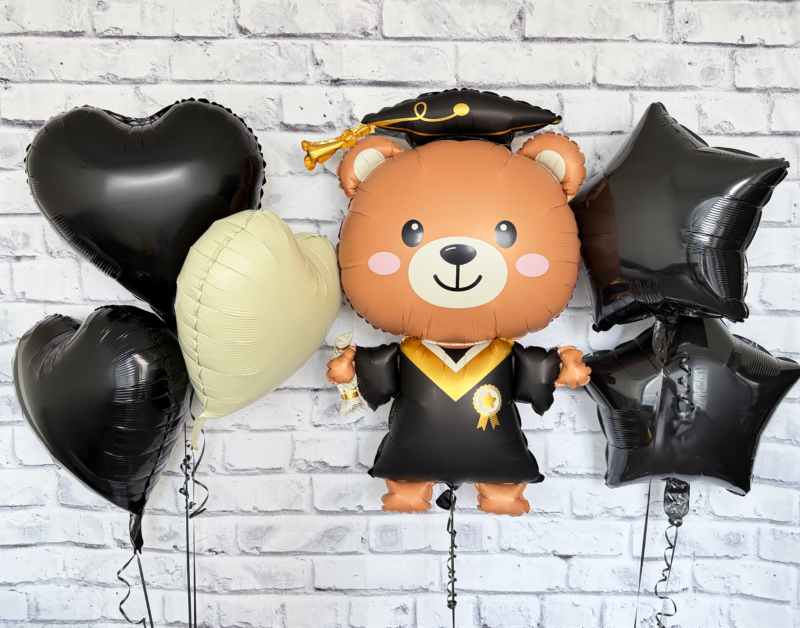 Graduation Boy Bear Black Balloon Bouquet 5 pcs