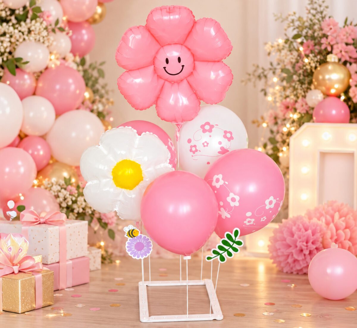 Flower Pink Balloon Bouquet Kit with Stand 6 pcs