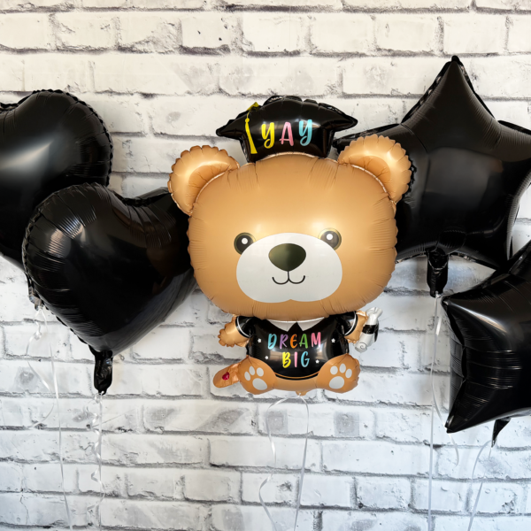 Graduation bear balloon bouquet with black heart and star balloons