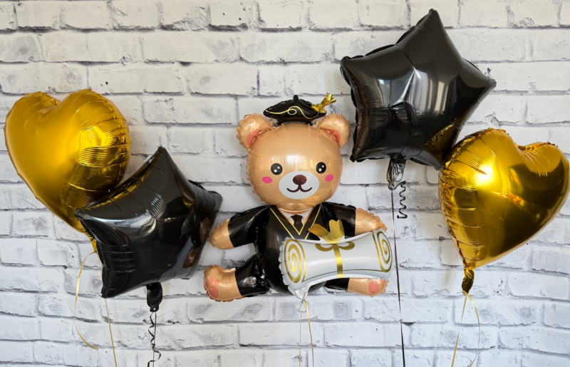 Graduation Teddy Bear Balloon Bouquet Kit Black Gold