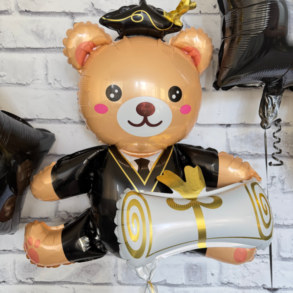 Graduation teddy bear balloon bouquet with gold hearts and stars