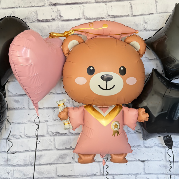 Graduation girl bear balloon bouquet with black stars and hearts