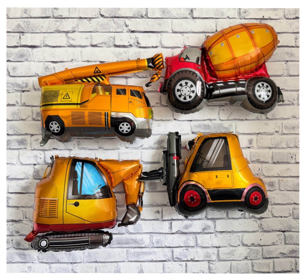 Construction Vehicle Foil Balloon Set – Excavator, Forklift, Cement Mixer & Crane Truck