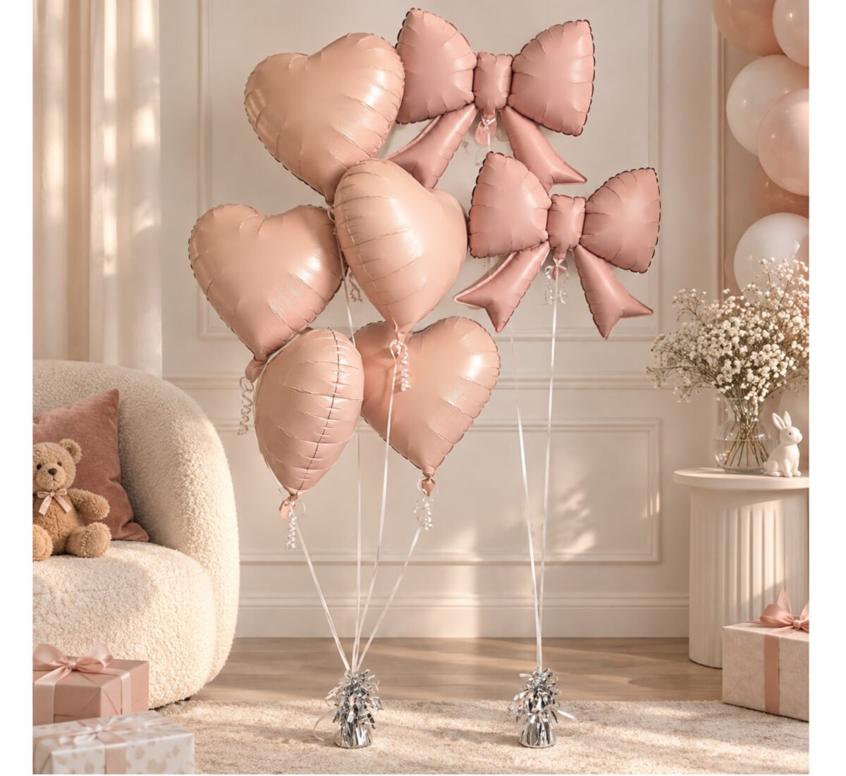 Pink Heart Balloon Bouquet, Bow Balloons